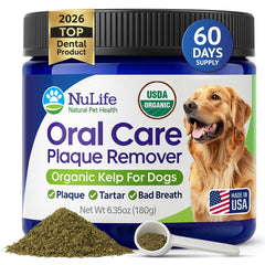 NuLife Dog Teeth Cleaning Powder tub close-up for at-home dental care.