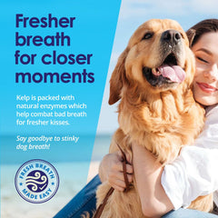 NuLife powder in action promoting clean teeth and odor control for dogs.