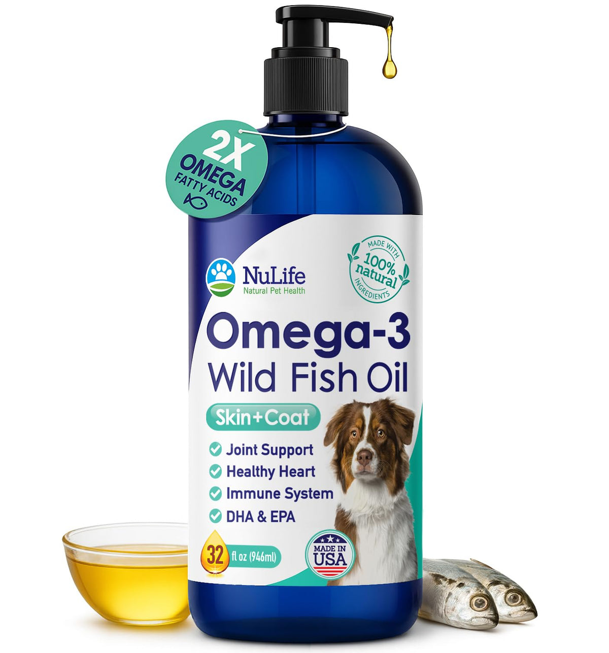 NuLife Liquid Fish Oil for Dogs bottle pour supports coat shine and skin comfort.