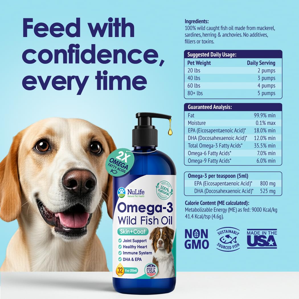 NuLife Liquid Fish Oil for Dogs easy dosing with pump or disc cap.