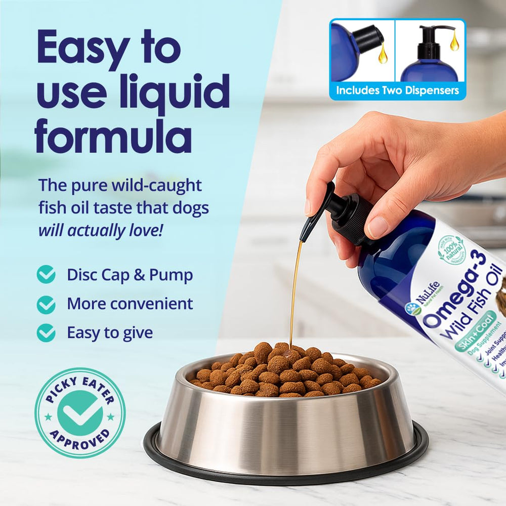 NuLife Liquid Fish Oil for Dogs low-odor formulation keeps meals cleaner.