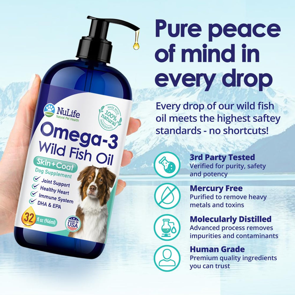 NuLife Liquid Fish Oil for Dogs wild-caught Iceland sourcing emphasizes purity.