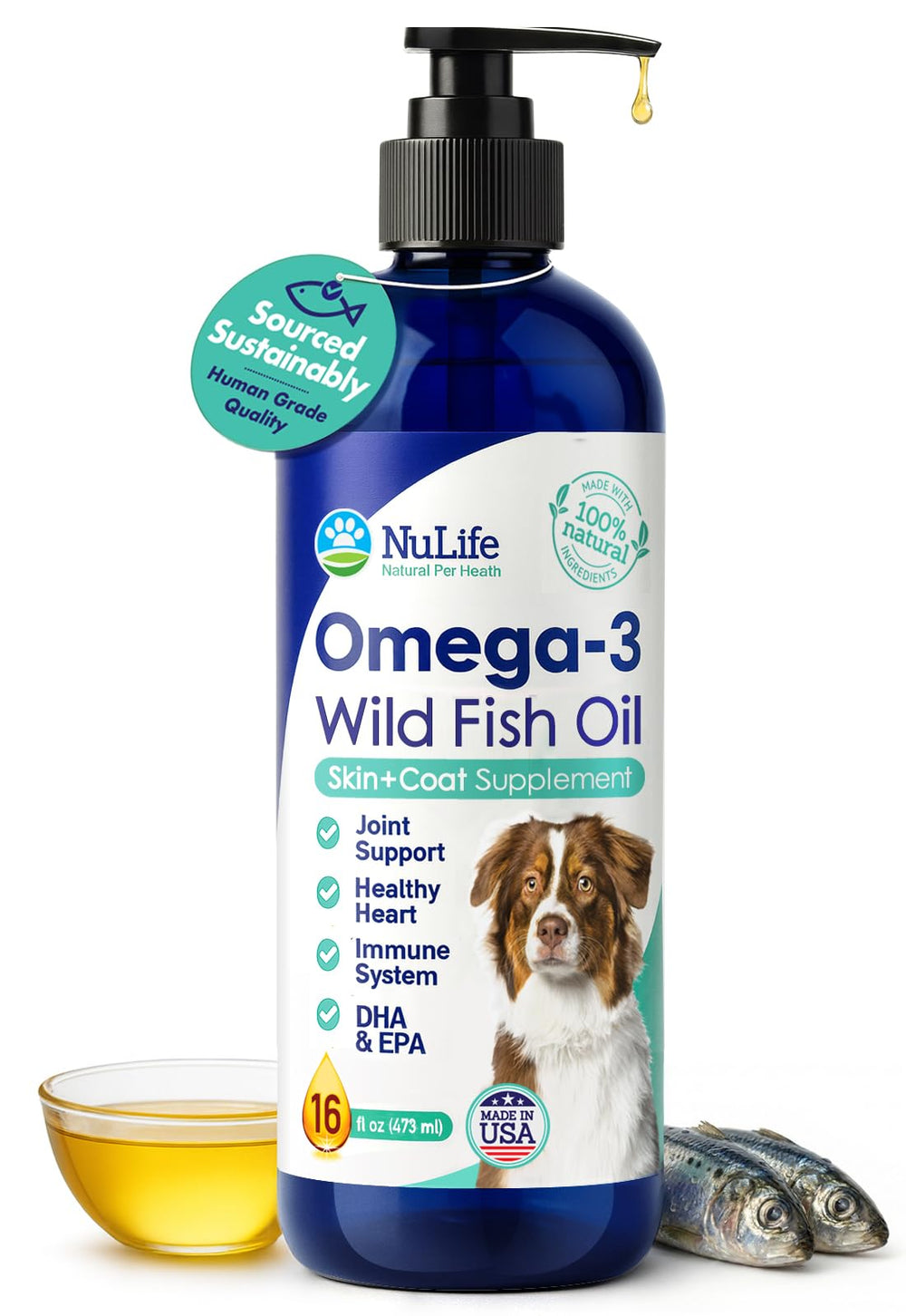 NuLife Liquid Fish Oil for Dogs promotes a shiny coat and healthy skin.