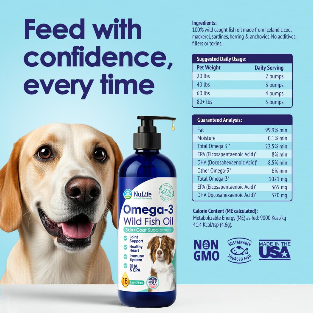 NuLife Liquid Fish Oil is easy to feed on wet or dry meals.