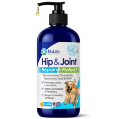 NuLife Liquid Glucosamine for Dogs bottle pour supports daily joint care.