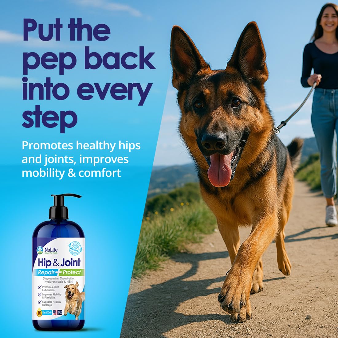 NuLife Liquid Glucosamine for Dogs pump-dispense enables simple dosing.