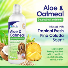 NuLife Oatmeal Dog Conditioner on coat softens fur for easier brush-out.