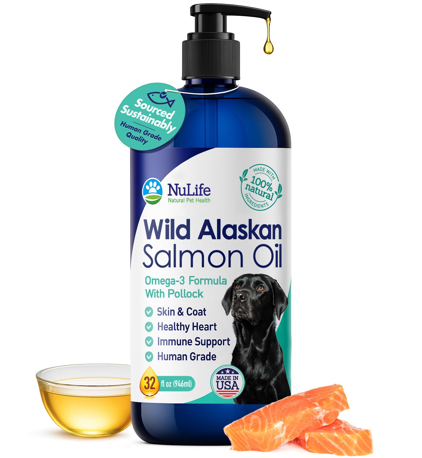 NuLife Natural Pet Health salmon oil bottle pour facilitating easy daily dosing