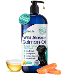 NuLife Natural Pet Health salmon oil bottle pour facilitating easy daily dosing