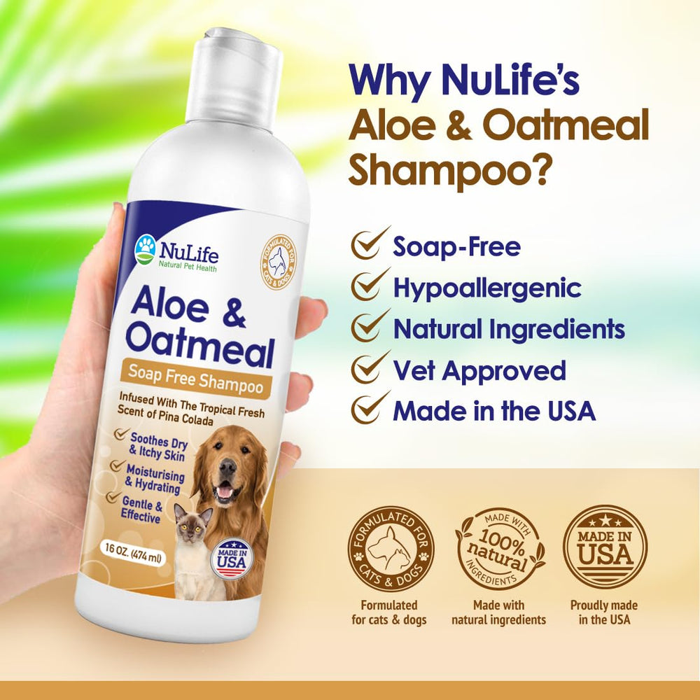 NuLife Oatmeal Shampoo hair-finish scene suggests smooth, glossy coat.