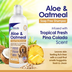 NuLife Oatmeal Shampoo label-closeup highlighting aloe vera and hypoallergenic formula.