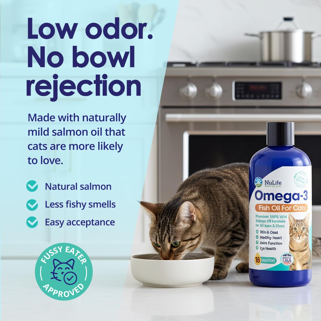 NuLife salmon oil jar signals USA-made quality and sustainable sourcing.