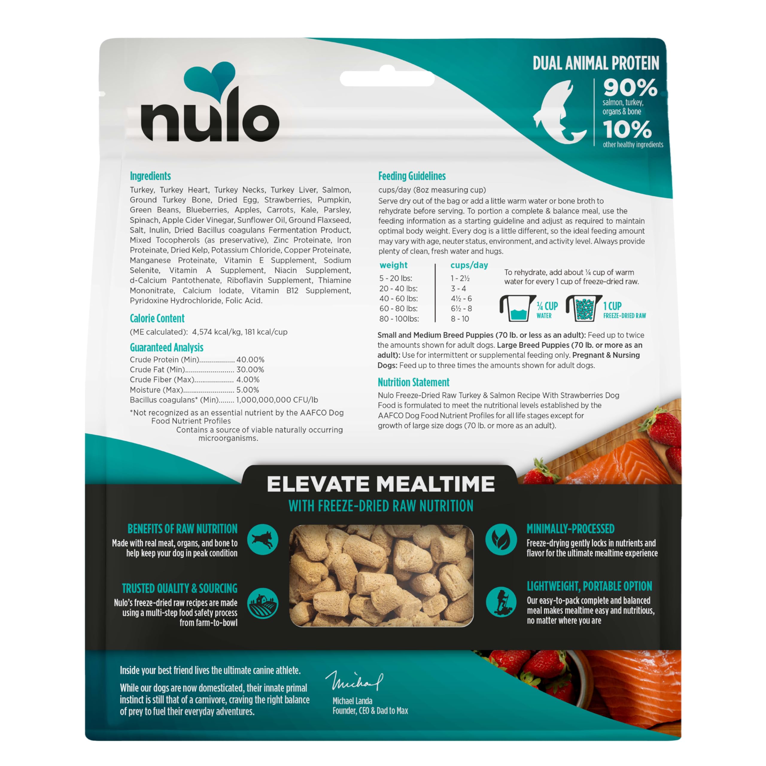 Nulo 8-ounce bag dog food image conveys a convenient feeding option.