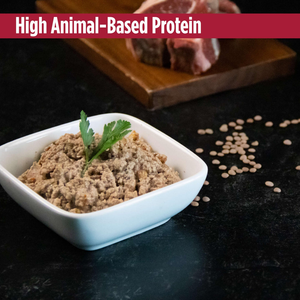 Nulo beef and lamb pate benefits panel, highlighting protein and grain-free formula.