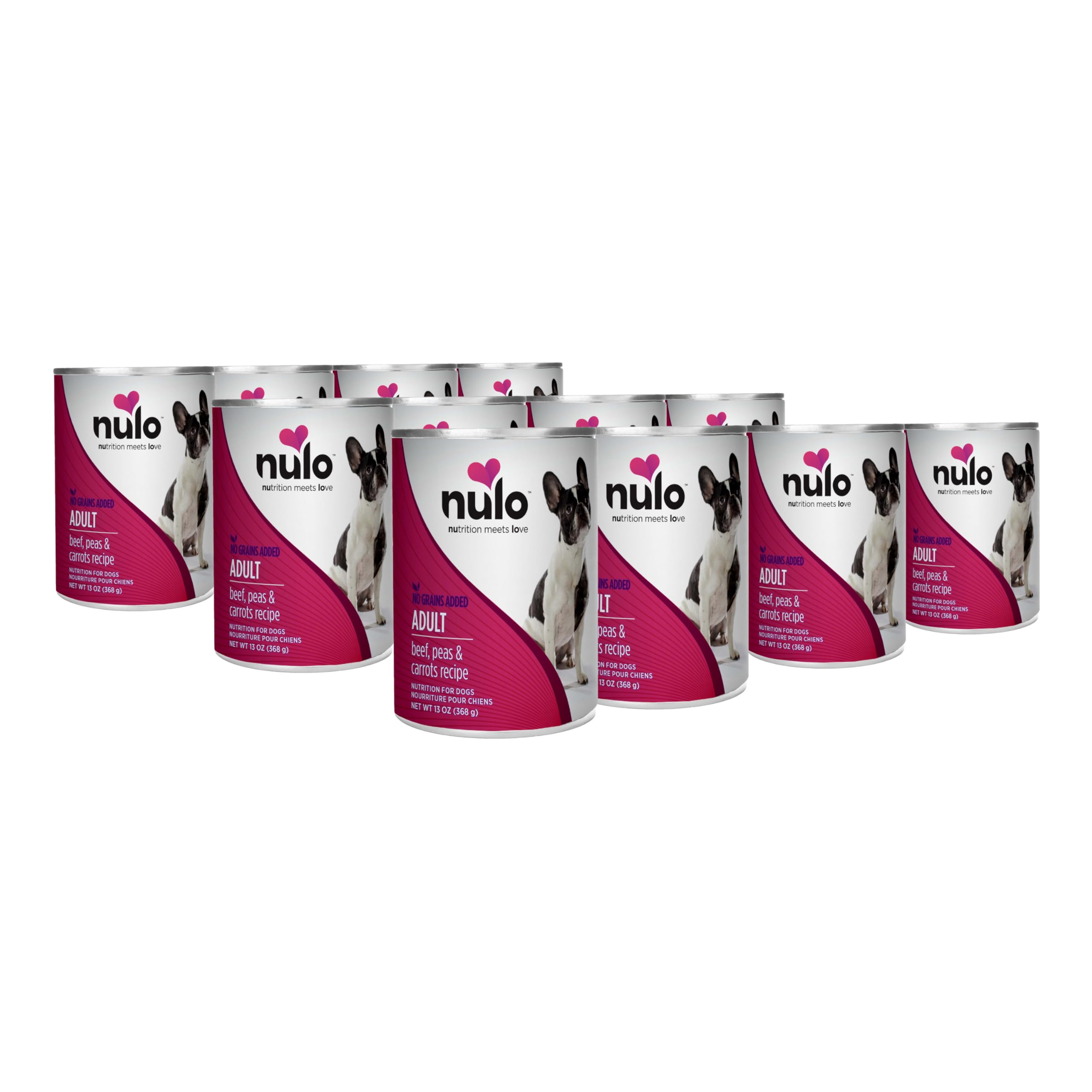 Nulo beef-peas-carrots wet dog food can shown as a protein-rich meal option