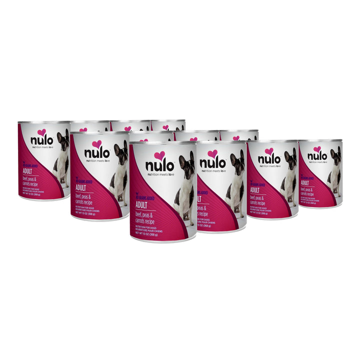 Nulo beef-peas-carrots wet dog food can shown as a protein-rich meal option