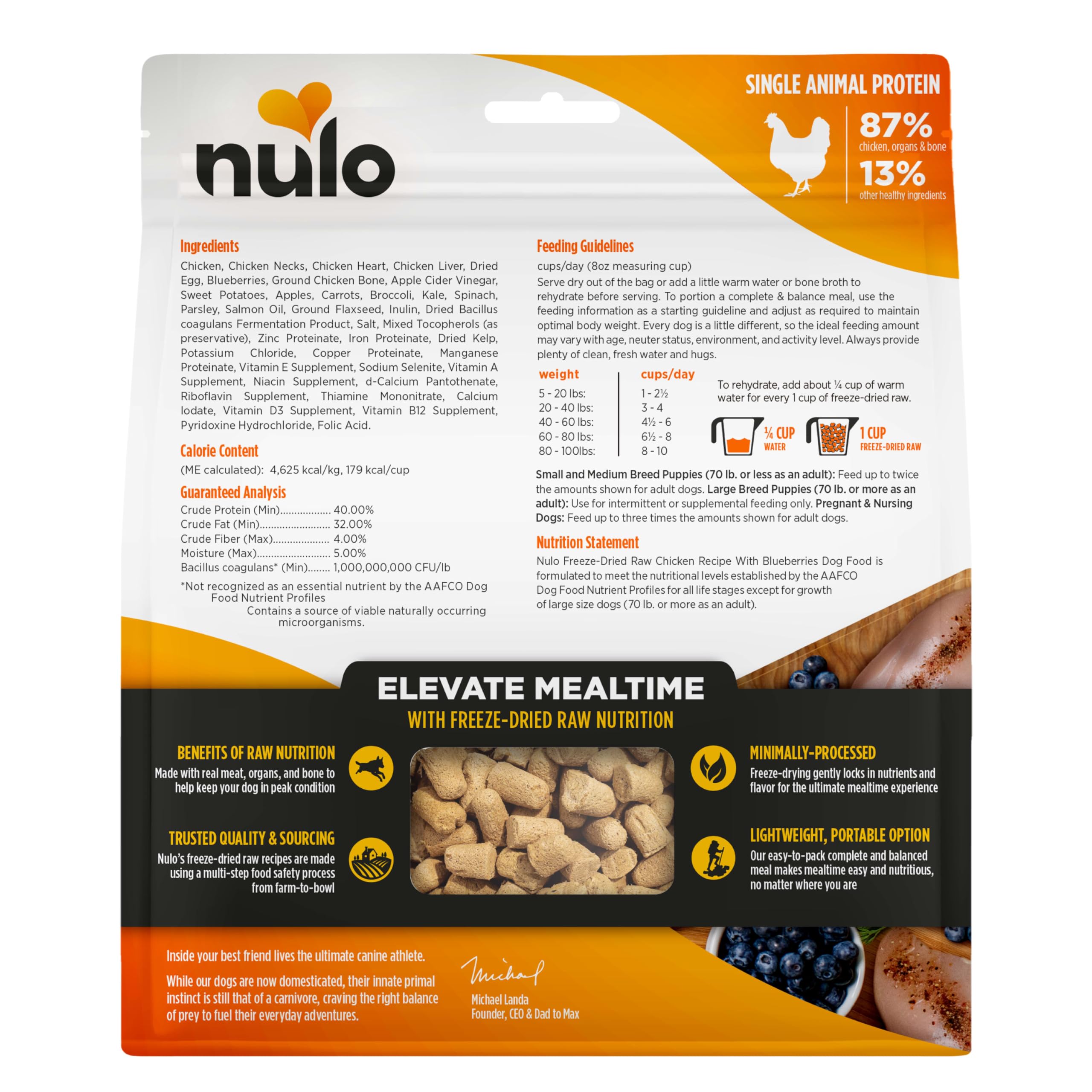 Nulo Freeze-Dried Raw Chicken with Blueberries close-up shows real ingredients.