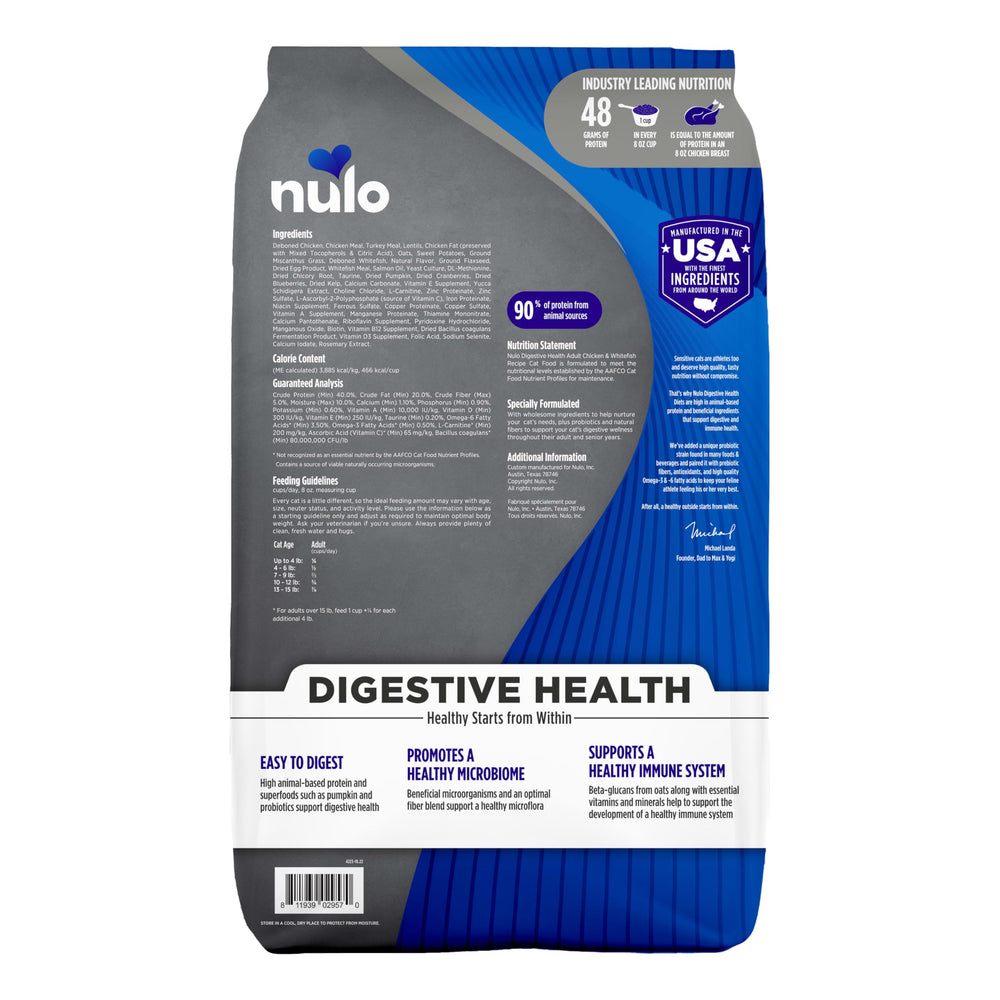 Nulo Digestive Health Cat ingredients list frame emphasizes no grains or soy