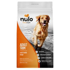 Nulo FreeStyle Adult Trim bag front highlighting grain-free, weight-management formula.