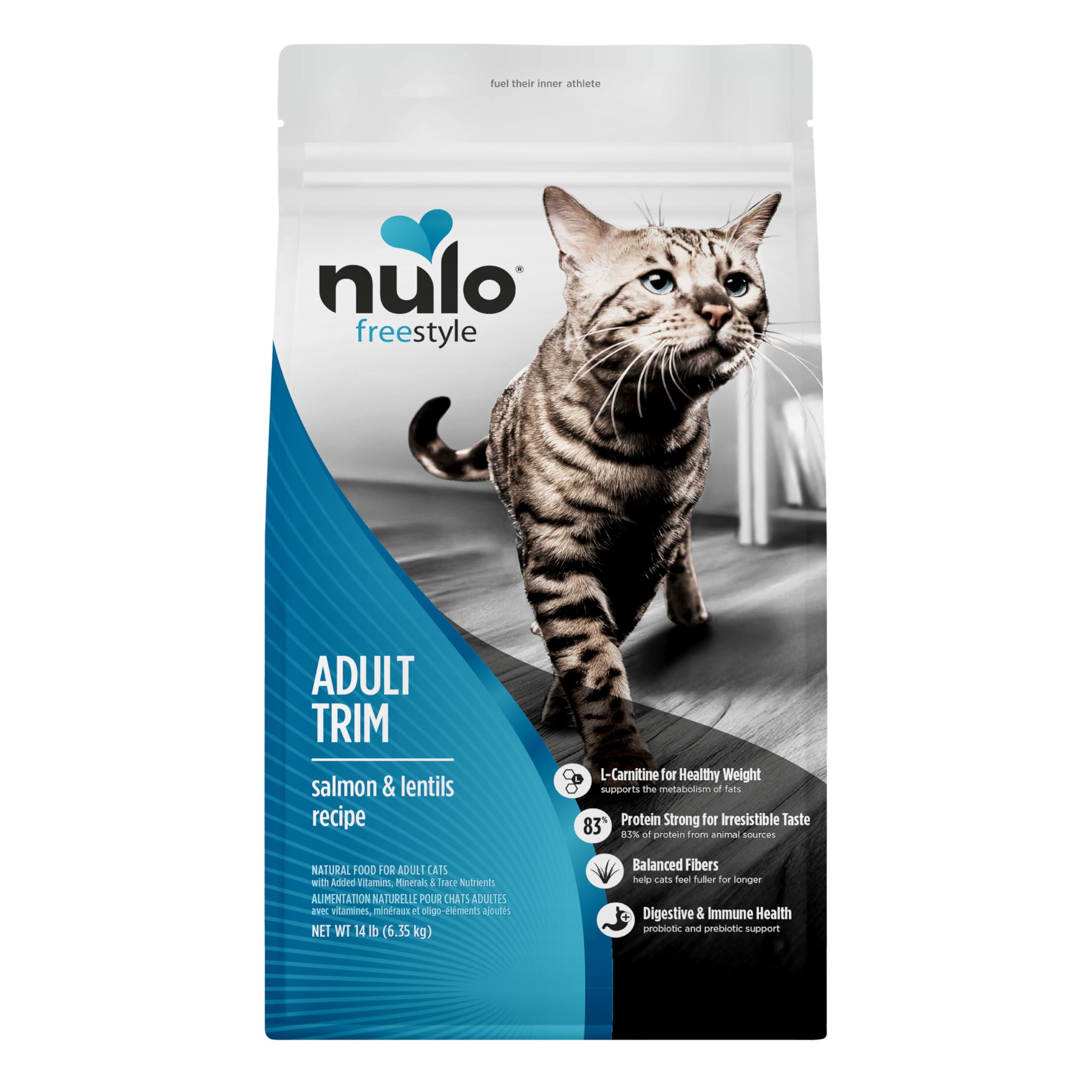 Nulo FreeStyle Adult Trim salmon kibble in a bowl promotes lean muscles and fullness