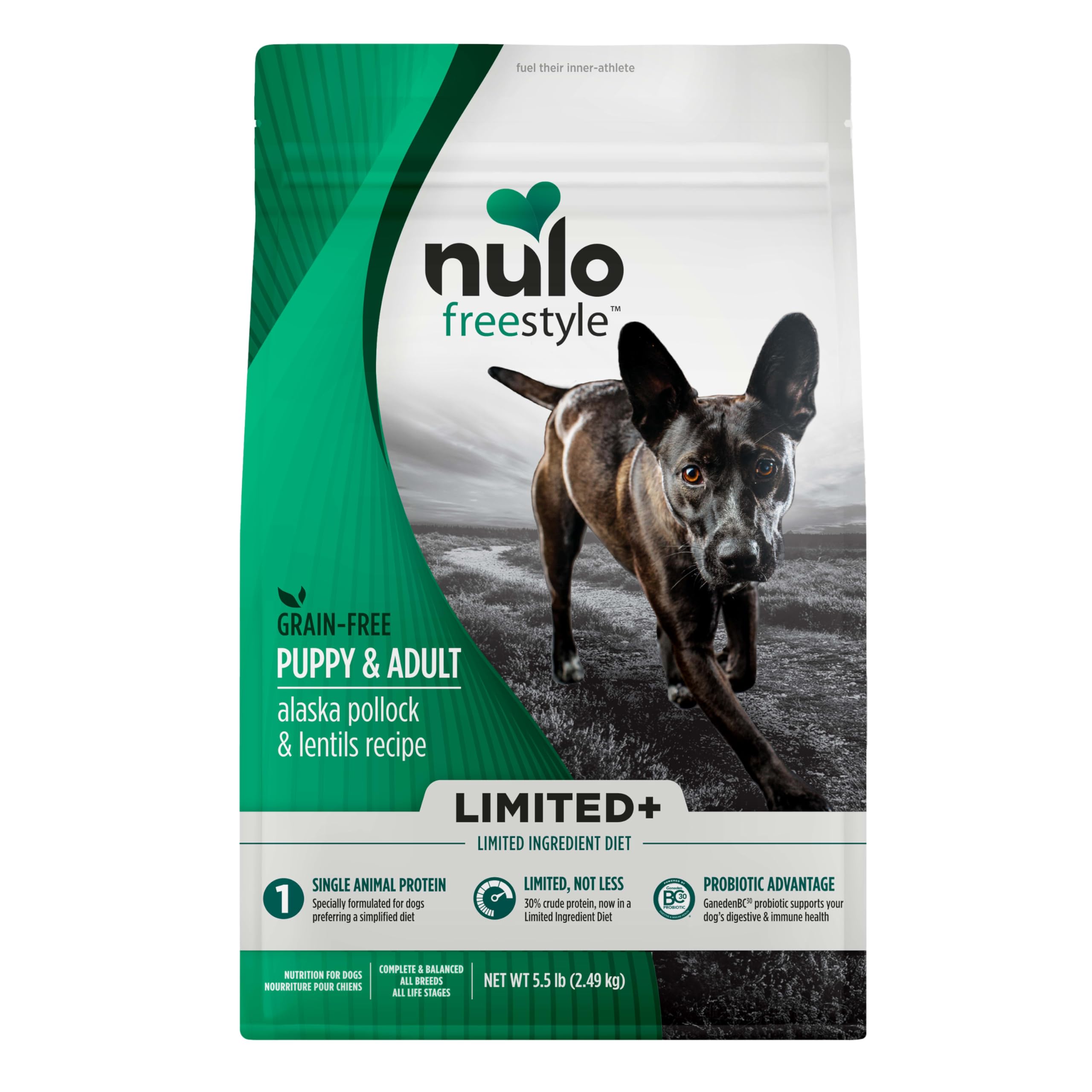 Nulo FreeStyle Alaska Pollock bag shows grain-free formula for lean muscles.