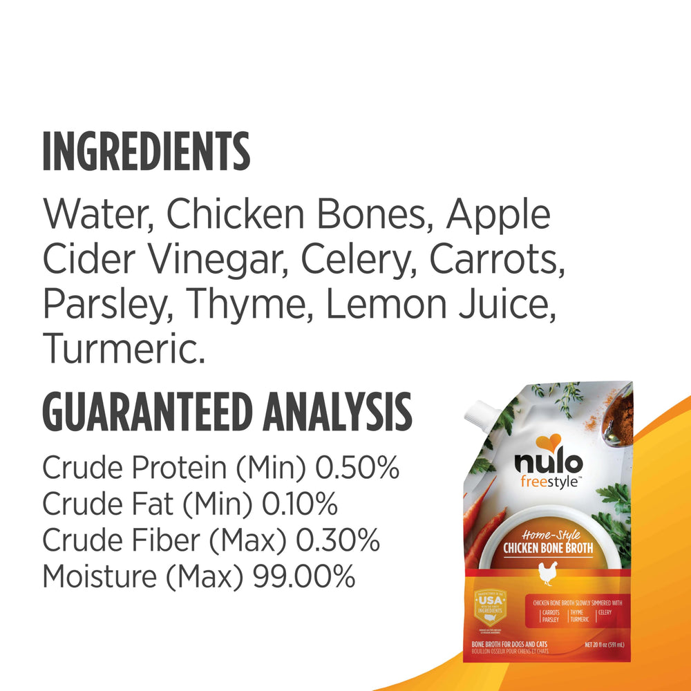 Nulo Freestyle Bone Broth bottle-and-bowl setup emphasizes hydration and flavor during feeding.