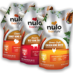 Nulo Freestyle Bone Broth variety pack showcases three flavors for enhanced meal appeal and hydration.