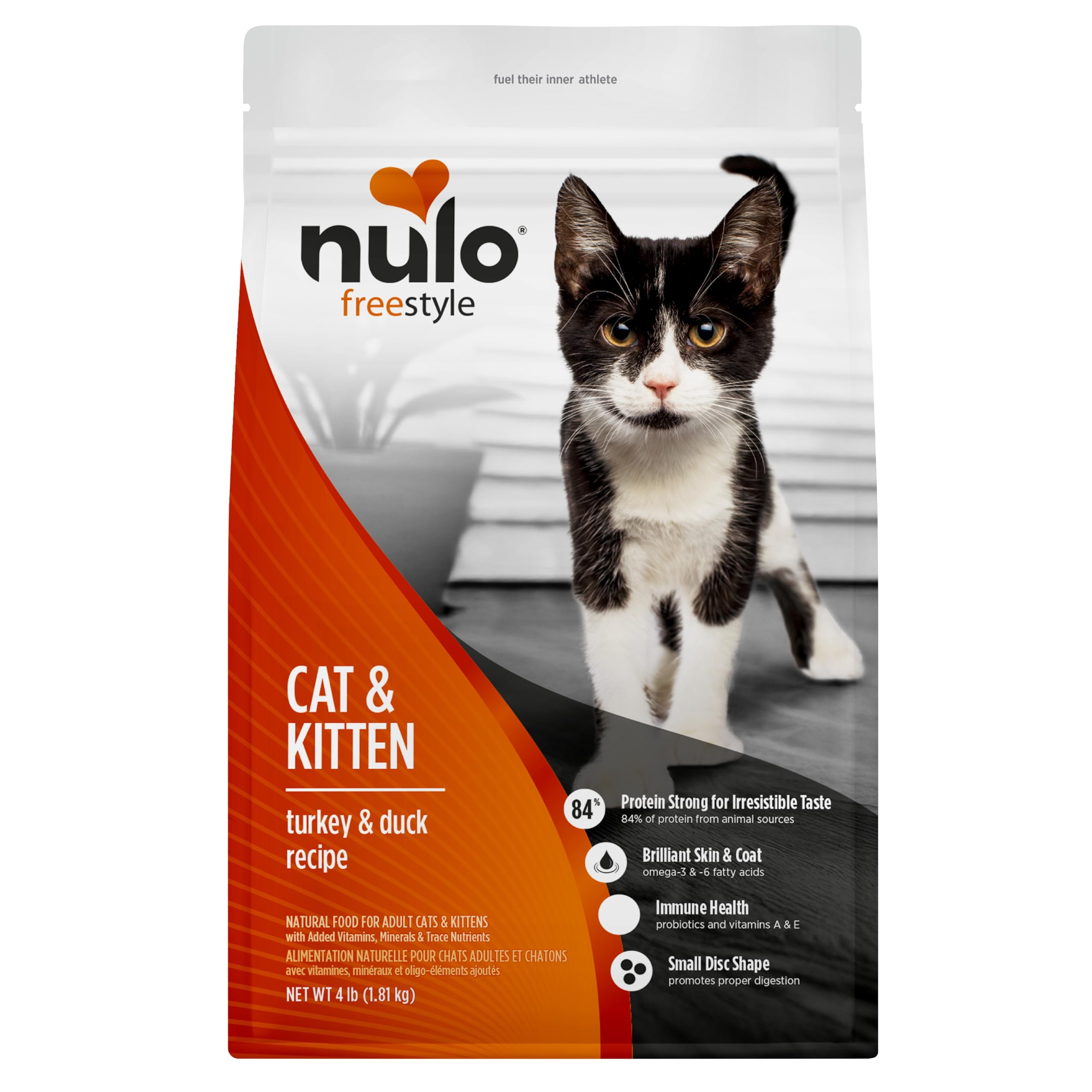 Nulo Freestyle cat kibble in a bowl supports lean muscle and daily vitality.