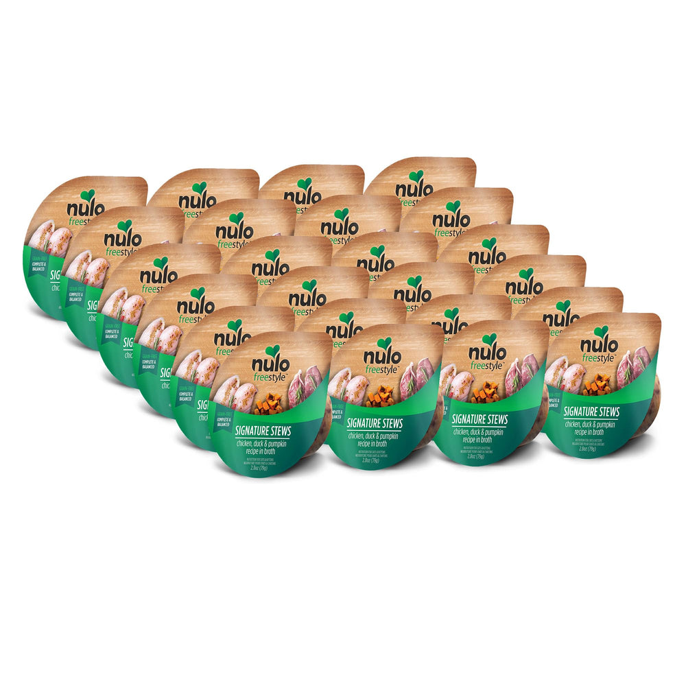 Nulo Freestyle Cat Stew chicken-duck-pumpkin 2-8oz pouch shows hearty proteins for meal enjoyment