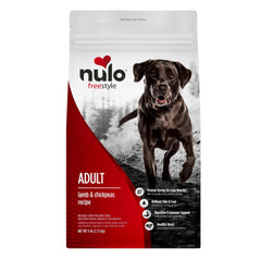 Nulo Freestyle lamb-chickpeas dry kibble bag highlighting premium ingredients for lean muscle