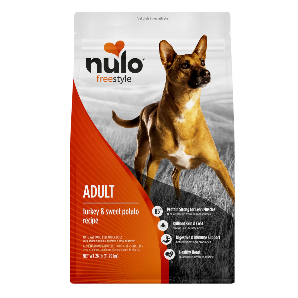 Nulo Freestyle front bag showing grain-free formula for active dogs