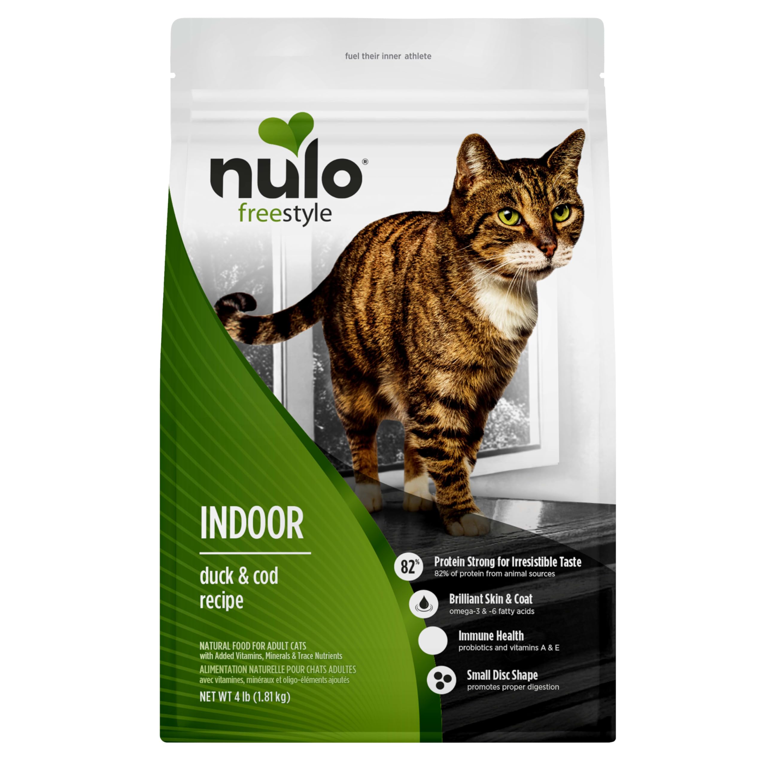 Image of Nulo FreeStyle Indoor Duck Cod bowl showing high-protein formula for lean muscle and activity.