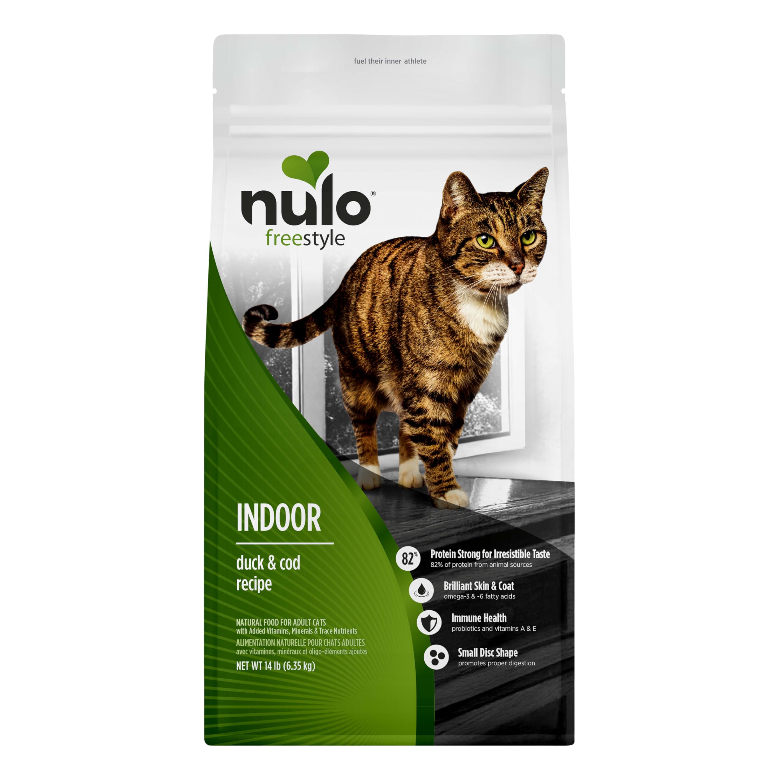 Nulo FreeStyle Indoor Duck & Cod dry cat food bag highlights grain-free formula for indoor cats.