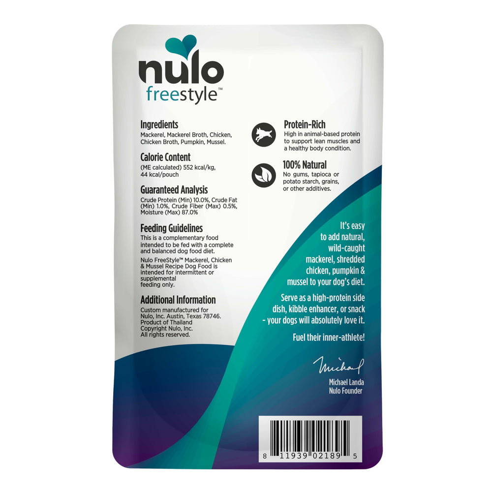 Nulo Freestyle packaging highlights grain-free, soy-free benefits for dogs.