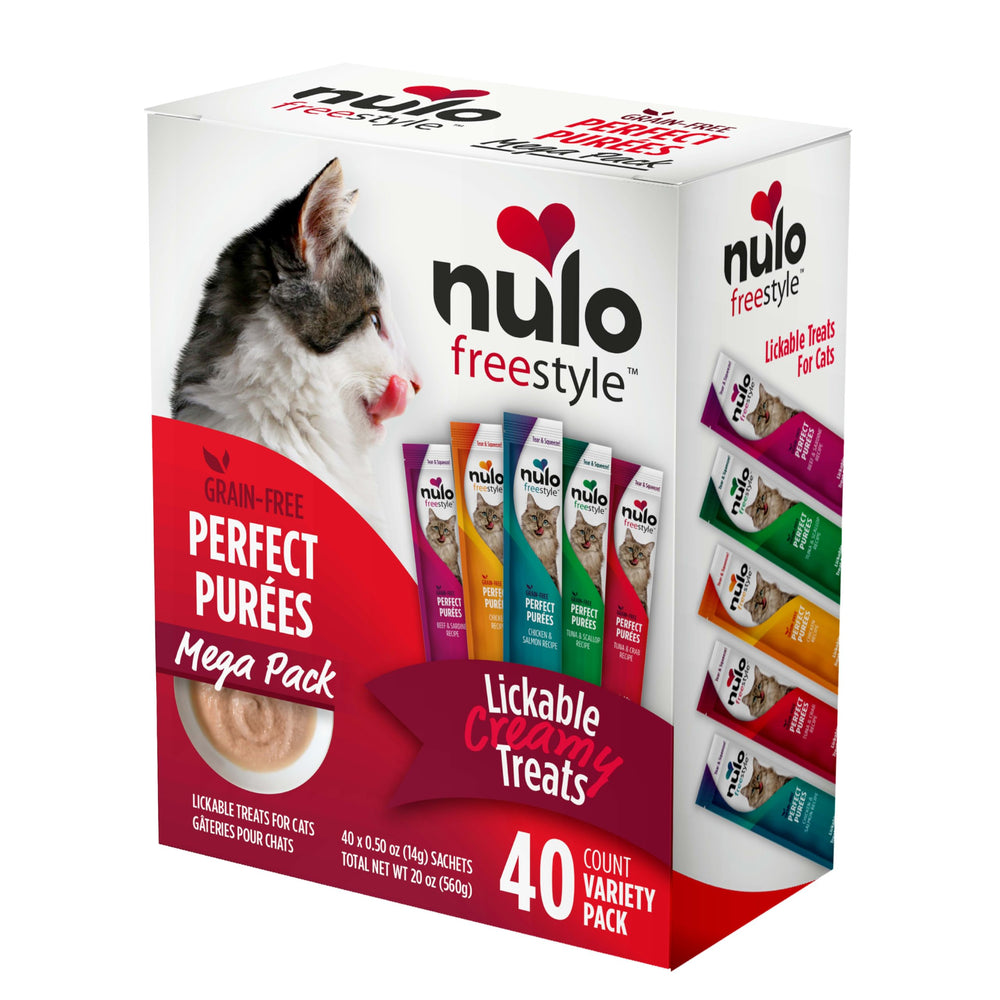 Nulo Freestyle Perfect Purées variety-pack packaging shown for cat toppers and hydration
