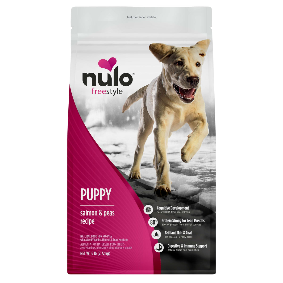 Nulo Freestyle puppy salmon-peas kibble in a bowl promotes lean muscle and energy