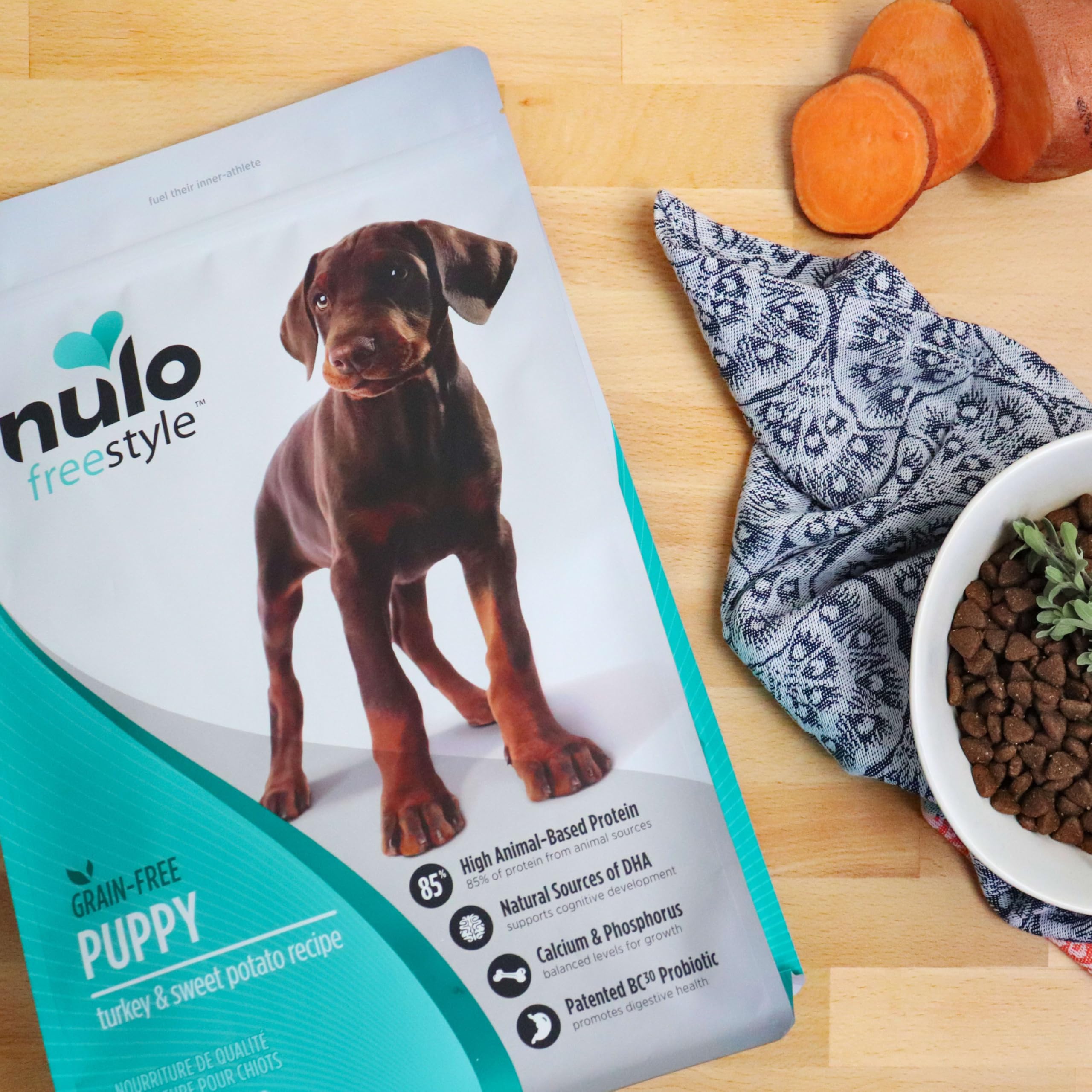 Nulo Freestyle Puppy bag back label notes grain-free formula and no fillers