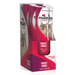 Nulo Freestyle Purees Tuna Crab tube in action, a hydrating lickable topper.