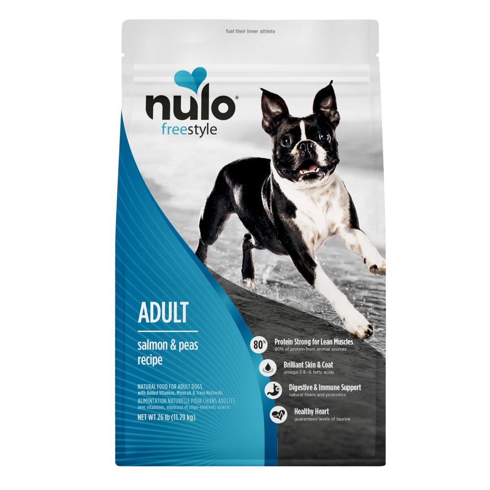Nulo FreeStyle Salmon and Peas bag front showing premium grain-free nutrition for dogs