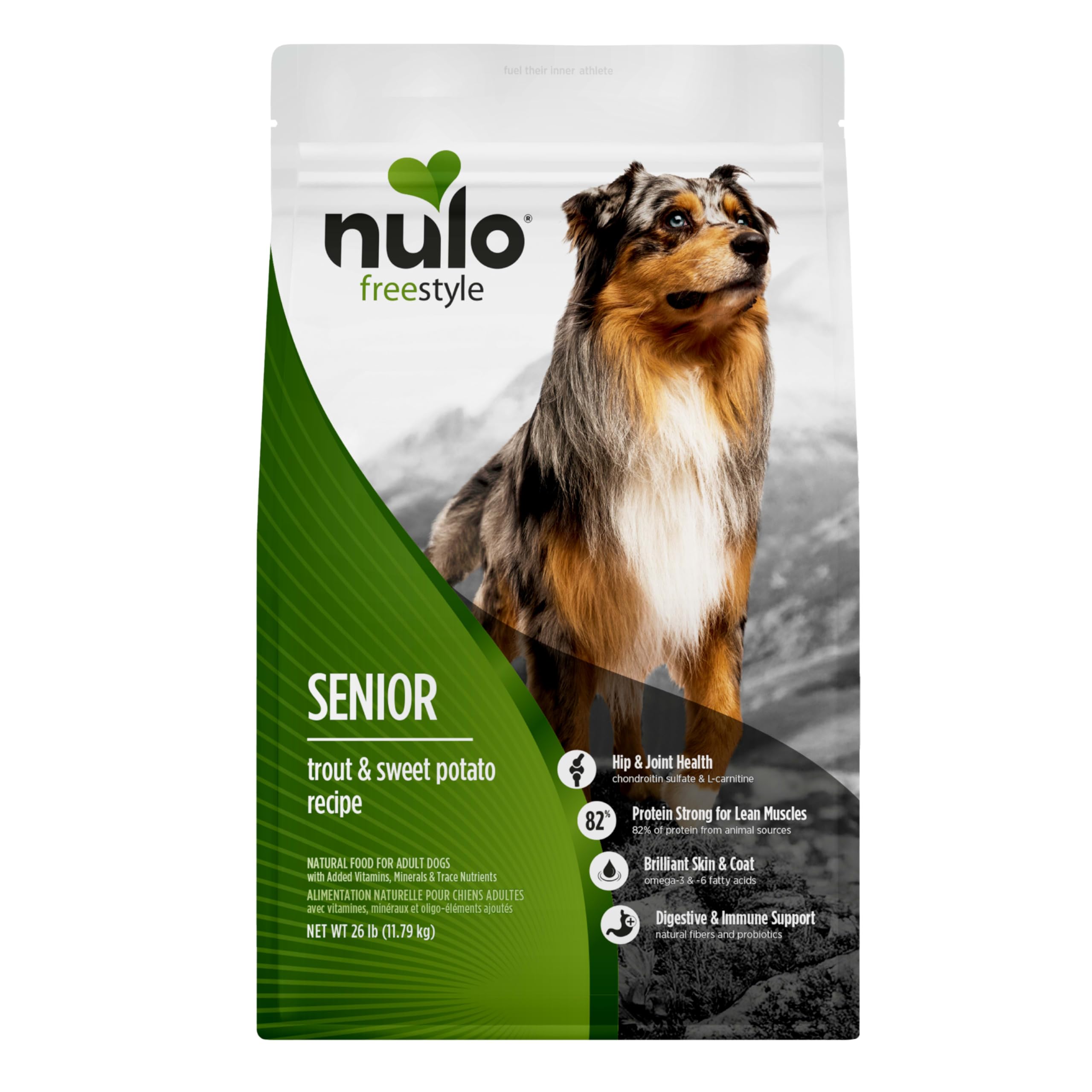 Nulo FreeStyle Senior Trout Kibble for lean muscle support in aging dogs.