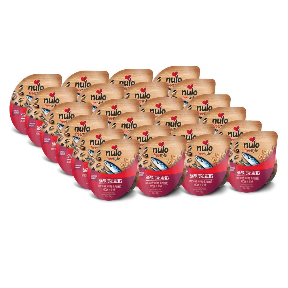 Nulo Freestyle Signature Stew pouch shows mackerel, shrimp and mussels for hydration