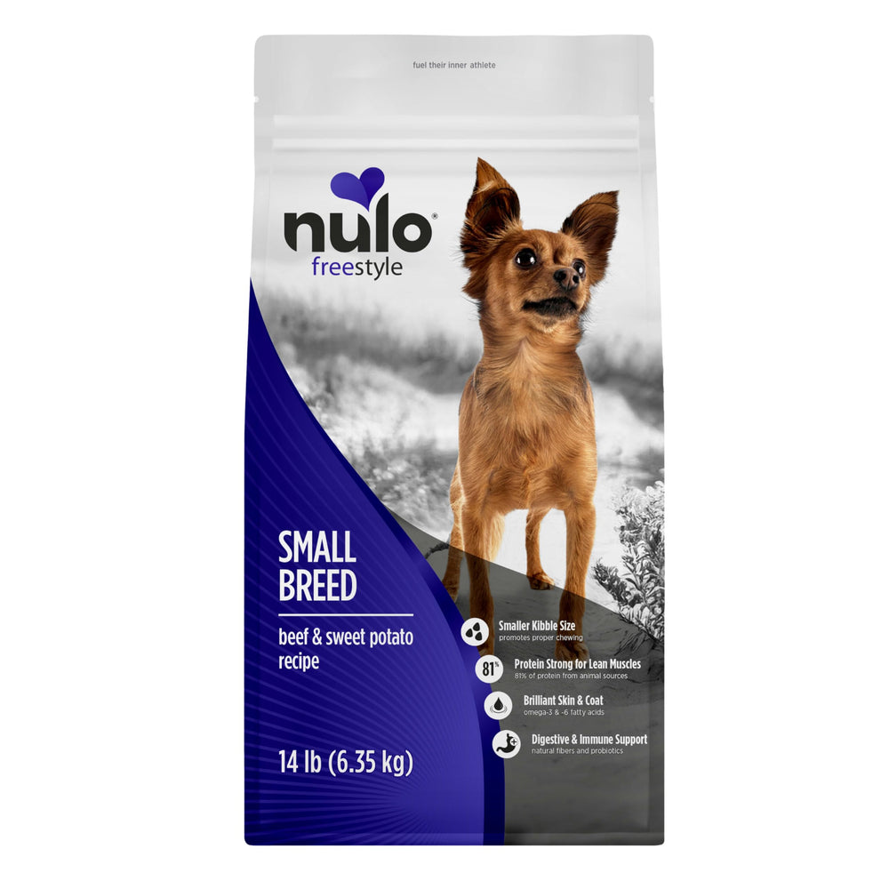 Nulo Freestyle Small Breed Beef bag closeup showing grain-free nutrition