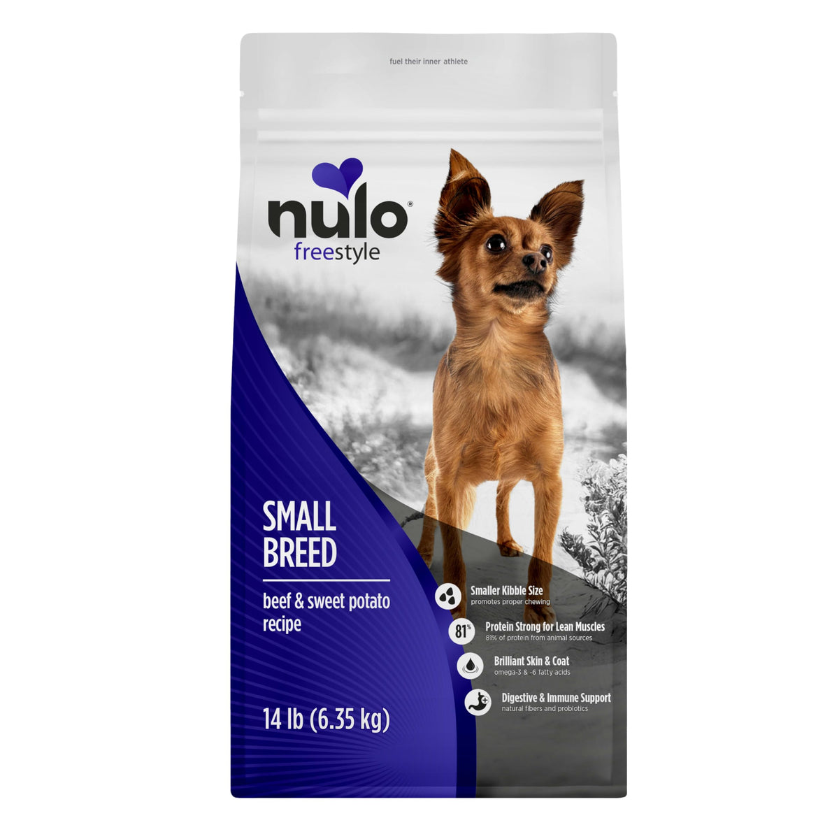 Nulo Freestyle Small Breed Beef bag closeup showing grain-free nutrition