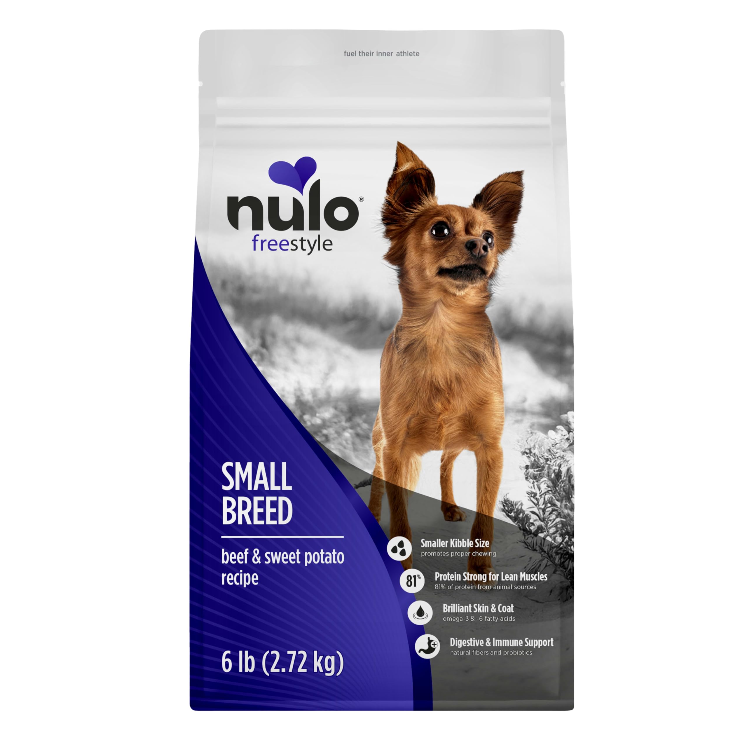 Nulo FreeStyle small-breed beef-sweet-potato kibble in bowl supports lean muscle.