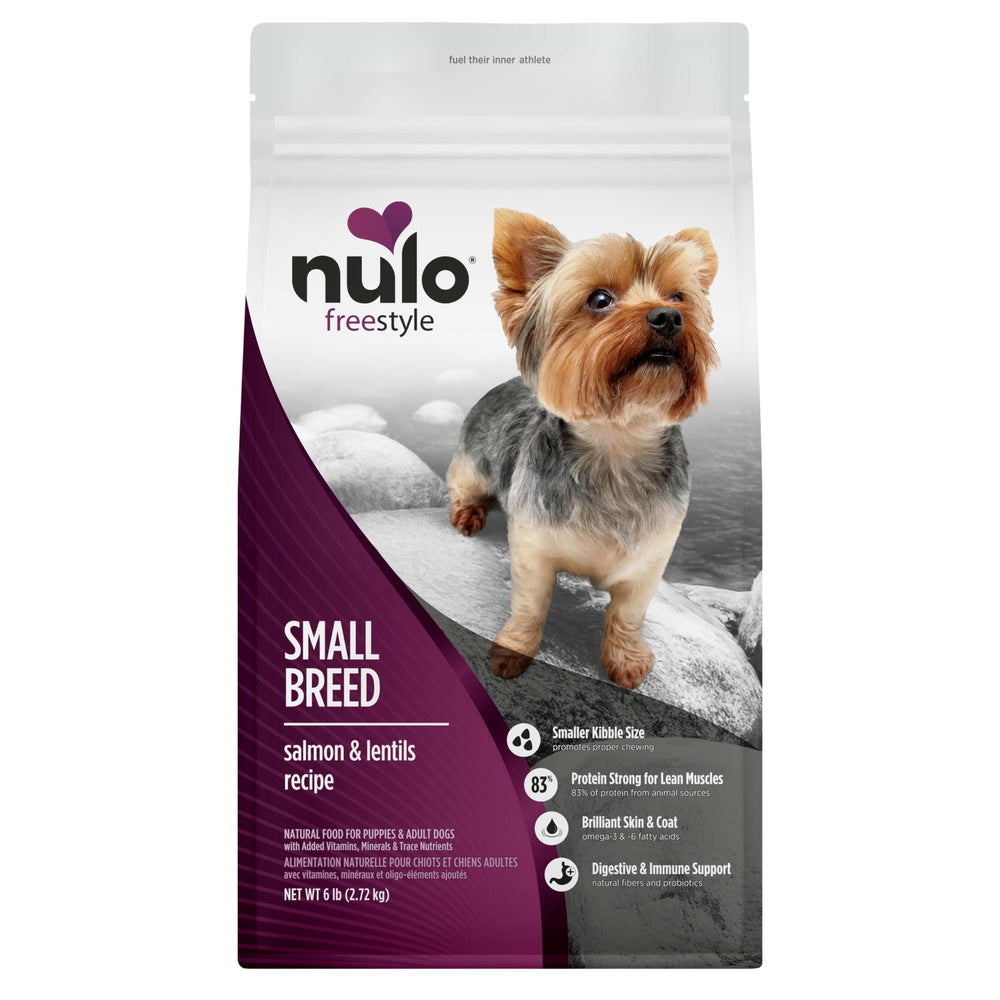 Nulo FreeStyle small-breed salmon kibble in a bowl promotes lean muscles.