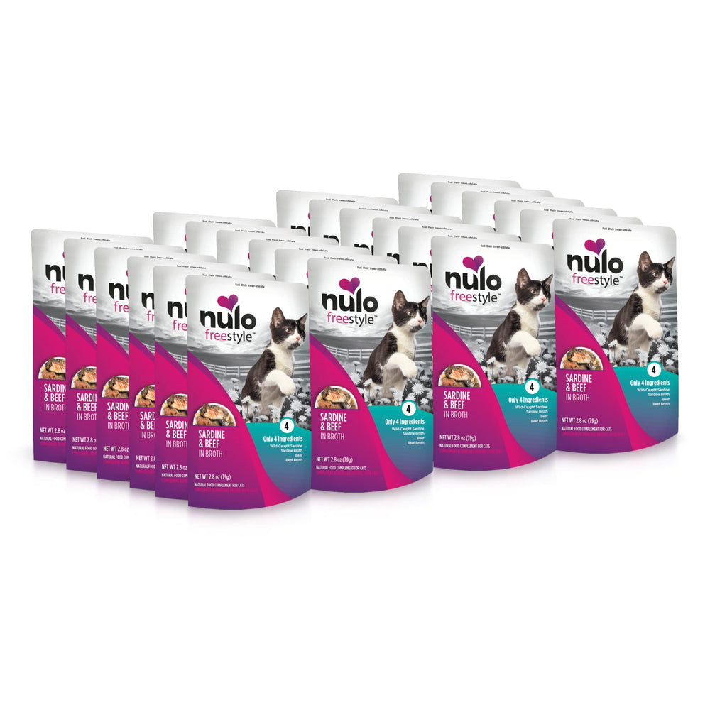 Nulo FreeStyle sardine-beef-broth topper pouch highlighting protein-rich meal enhancer