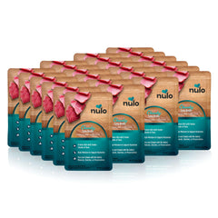 Nulo Freestyle tuna broth pouch on kibble, boosting flavor and hydration.