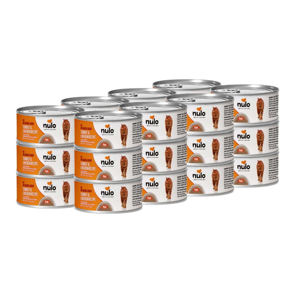 Front view of Nulo Freestyle Turkey & Chicken Pate can shows protein-rich, grain-free formula.