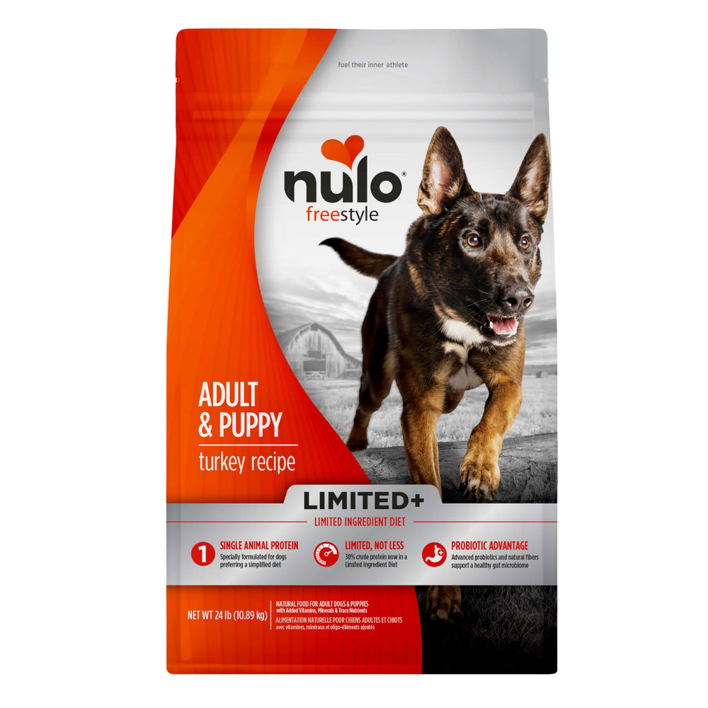 Nulo FreeStyle turkey recipe bag front highlighting grain-free, single-protein formulation.