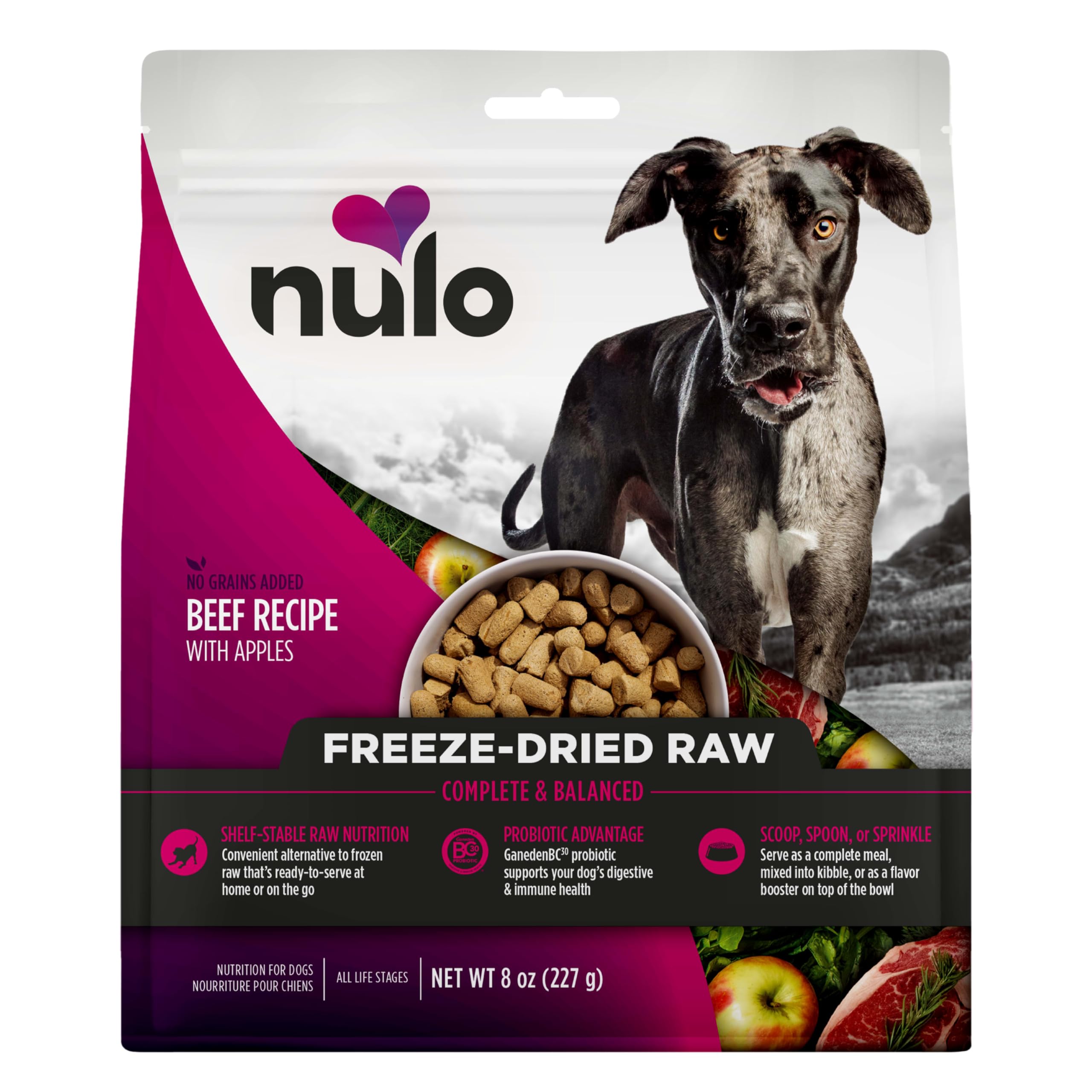 Nulo Freeze-Dried Raw Beef with Apples bag displayed for convenient feeding.